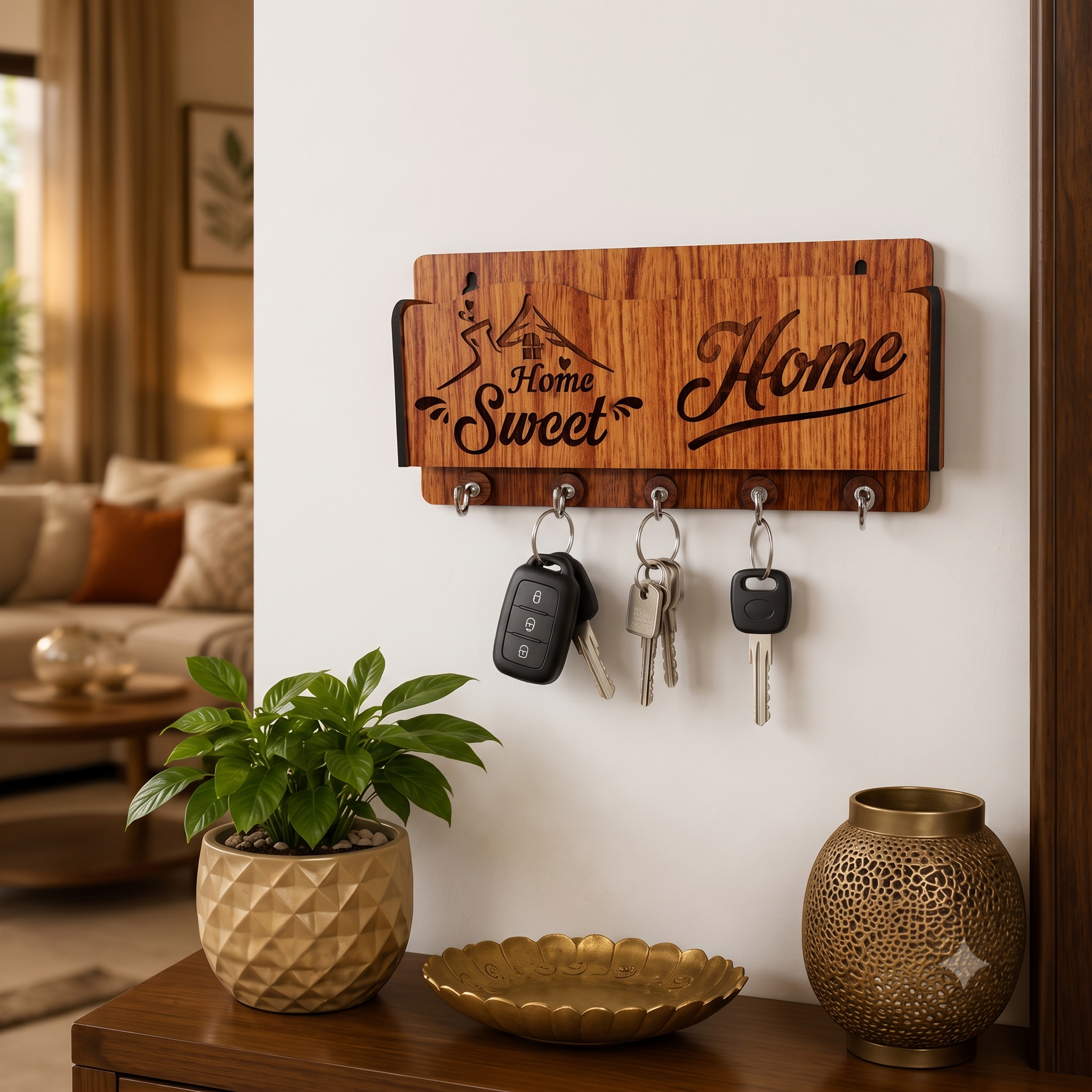 Shree Ganesh Wooden Key Holder for Wall with 5 Hooks