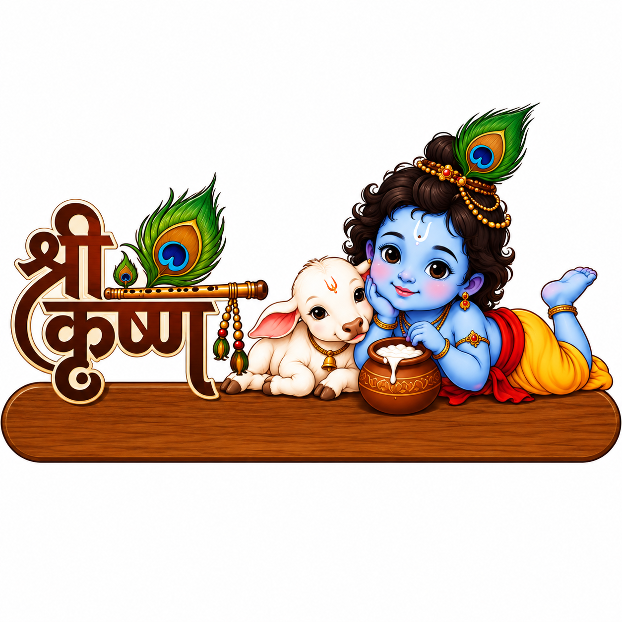 Shree Krishna Wooden Key Holder for Wall with 5 Hooks